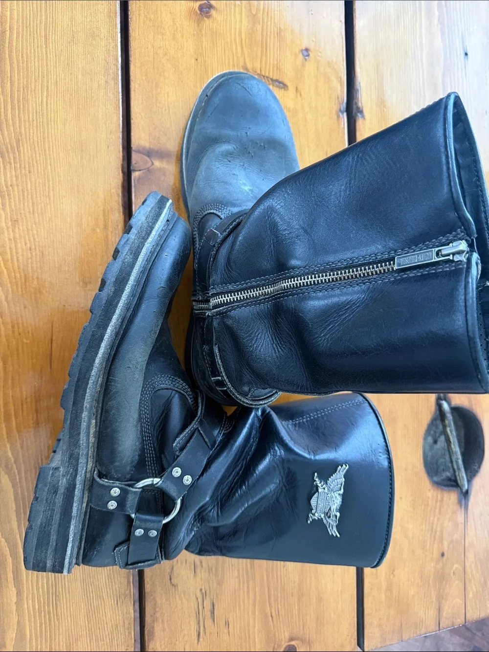 Harley-Davidson Silver Winged Eagle Emblem on Black Leather